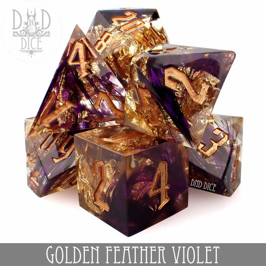Set of 7 violet resin dice with gold feather inclusions and gold numbers, Golden Feather Violet Handmade.