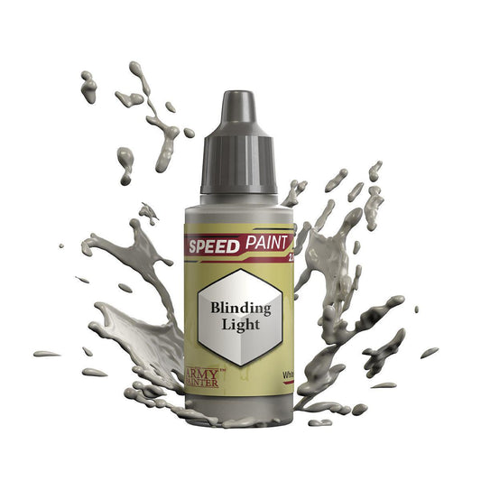 Army Painter Speedpaint bottle, Blinding Light variant, with gray paint splashes visible on the label.