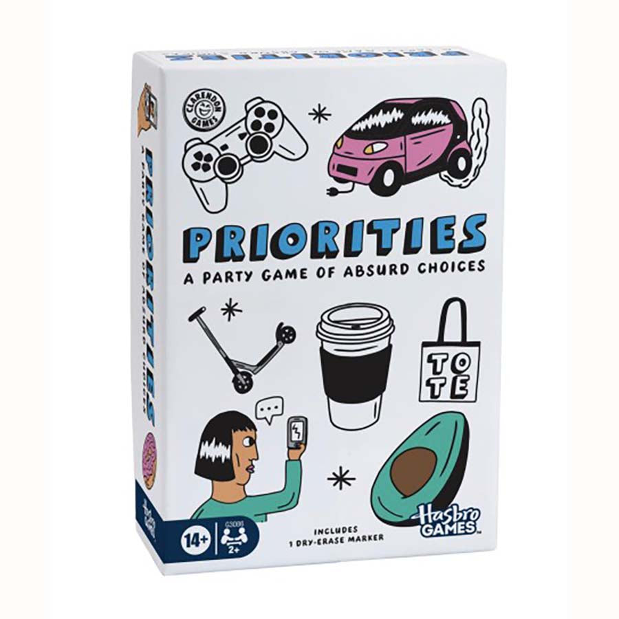 Priorities party game featuring icons of a car, coffee, avocado, tote bag, and controller on the packaging.
