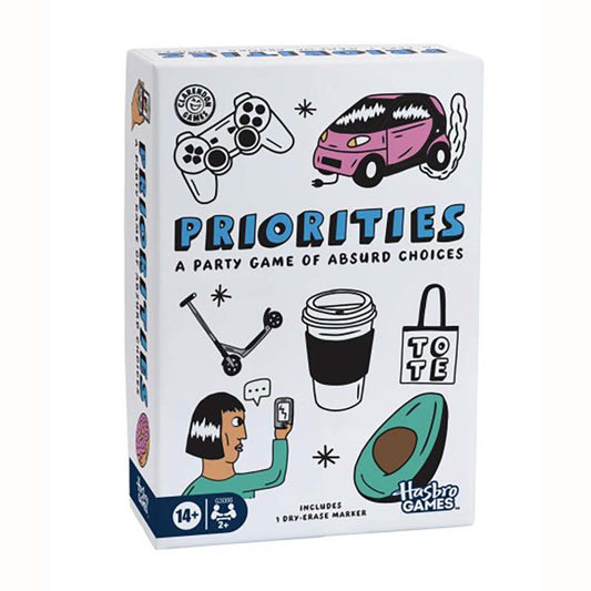 Priorities party game featuring icons of a car, coffee, avocado, tote bag, and controller on the packaging.