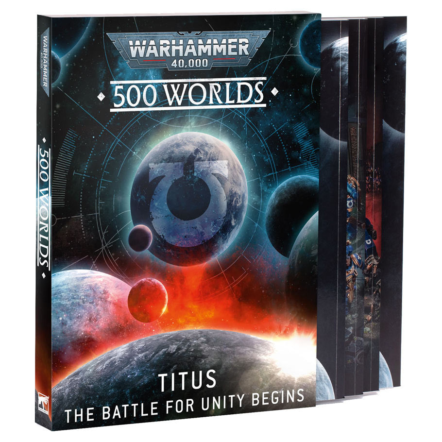 Warhammer 40,000: 500 Worlds: Titus: The Battle for Unity Begins book cover with planets and a cosmic background.