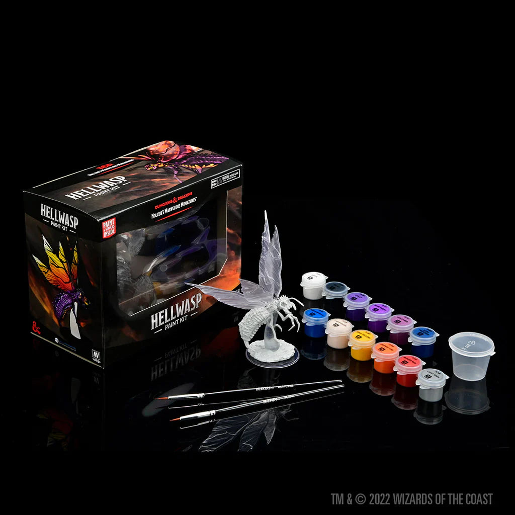 Dungeons & Dragons Nolzurs Marvelous Miniatures Paint Kit - Hellwasp with paints, brushes, cup, and miniature figure.