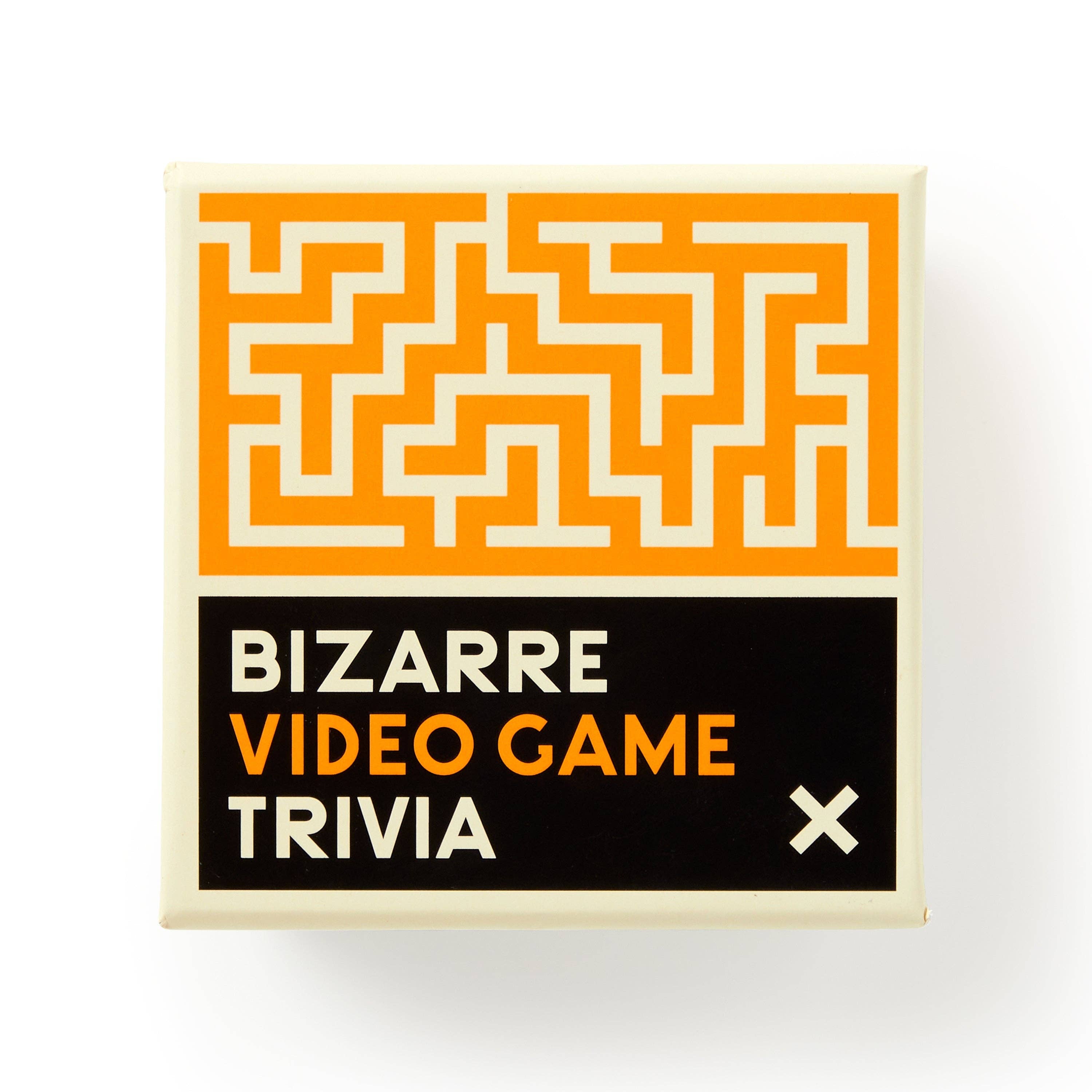 Brass Monkey Bizarre Video Game Trivia box and trivia cards, orange maze design on box top half.
