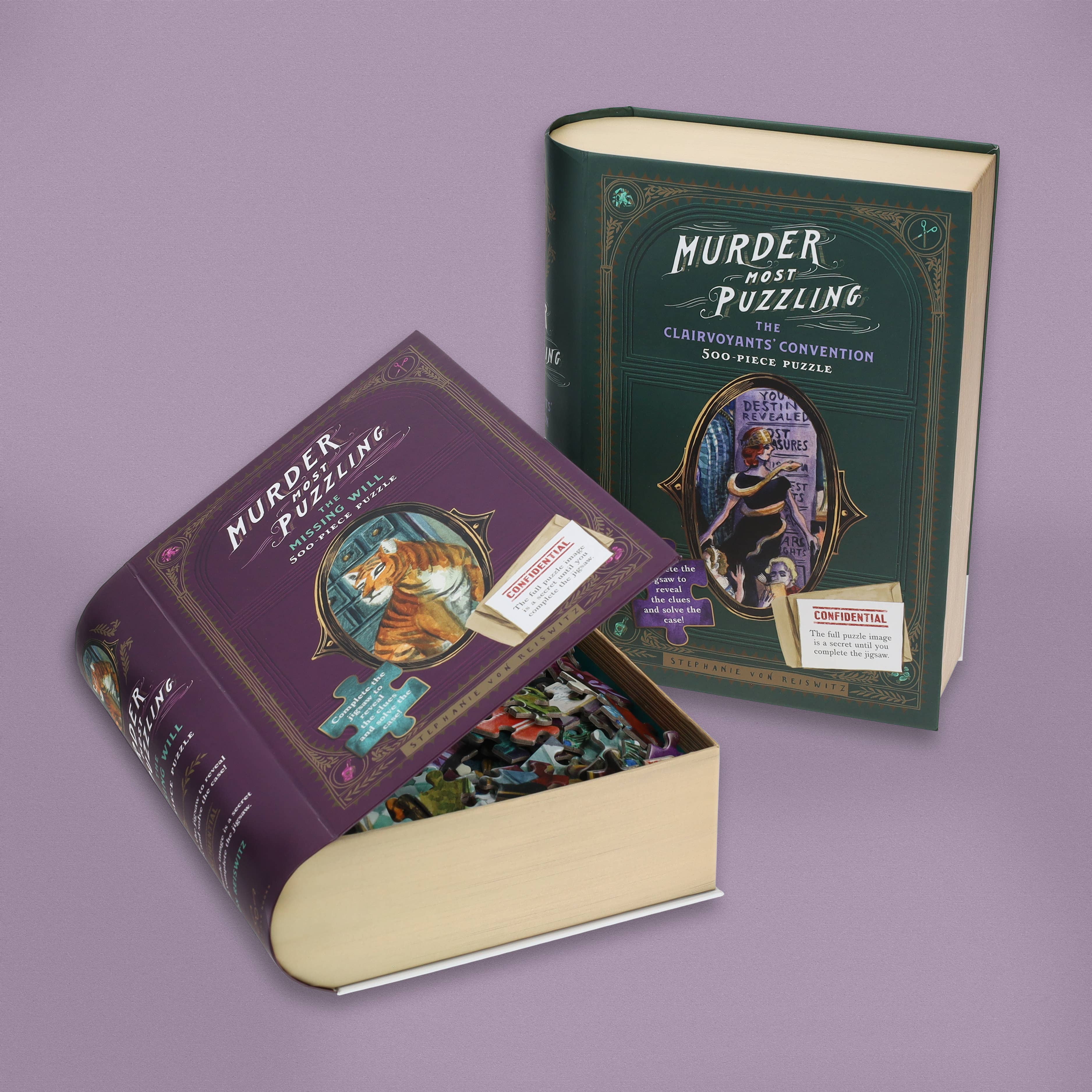 Murder Most Puzzling: The Clairvoyants Convention 500-piece puzzle on a lavender background.