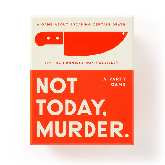 Brass Monkey Not Today, Murder Game box with red knife illustration and bold white text on red background.