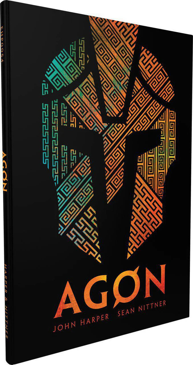 Agon 2nd Edition book cover showing a Greek helmet, AGON title, and authors John Harper and Sean Nittner.