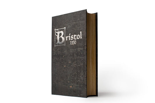 Bristol 1350 book with ornate cover standing upright.