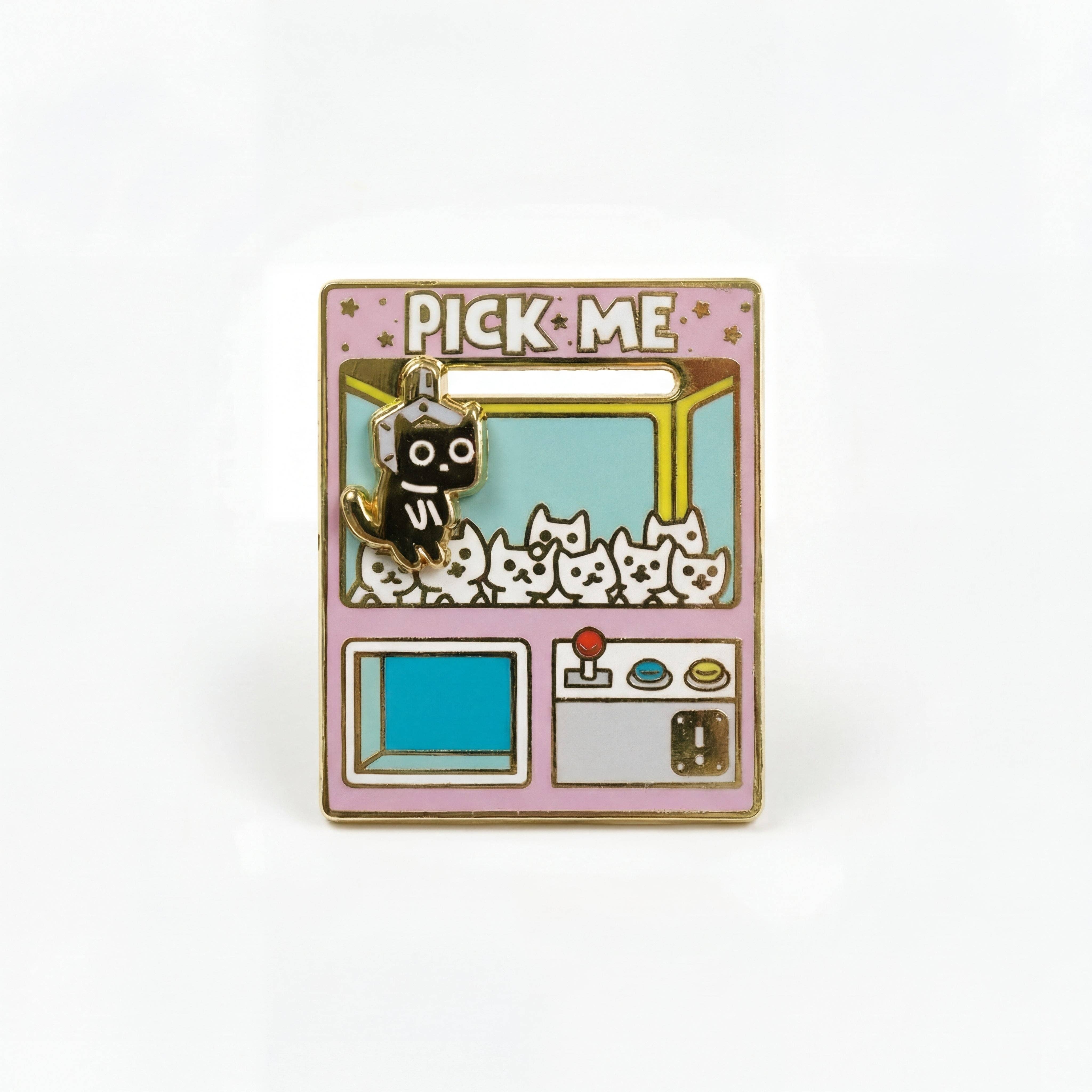 Pick Me Claw Machine Deluxe Pin: gold enamel frame, claw grabbing white cats and one black cat.