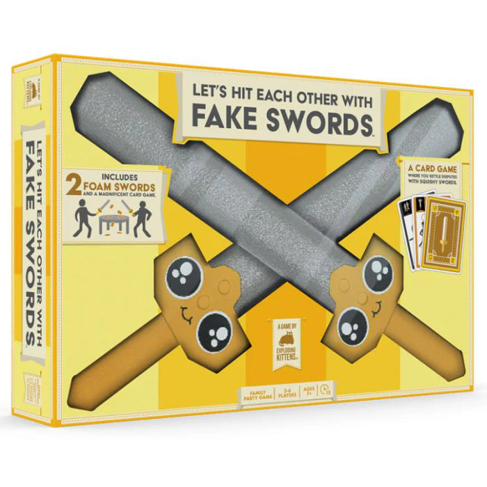 Let’s Hit Each Other with Fake Swords game including two foam swords and cards in the box.