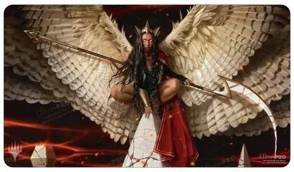 Kasla, the Broken Halo Playmat (MOM), featuring Kasla crouching with armor, wings, and an ornate scythe.