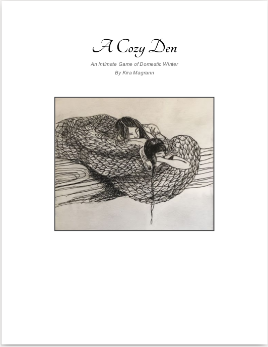 Cover of A Cozy Den RPG featuring a pencil drawing of a girl snuggling with a swan-like creature.