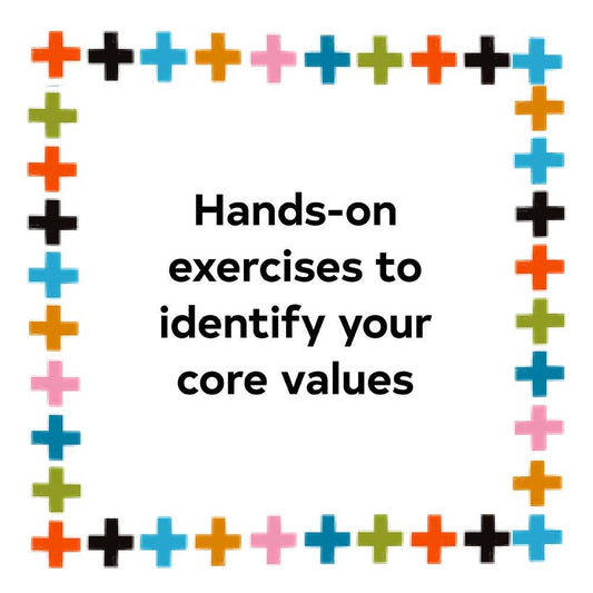 The Live Your Values Deck with interactive exercises, surrounded by colorful plus sign borders.