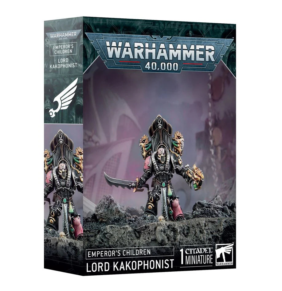 Warhammer 40,000 Emperors Children Lord Kakophonist box with sonic weapon illustrated on the front.