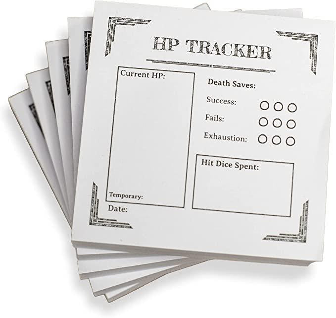Dungeon D&D Sticky Notes 5 Pack for tabletop games with HP, death saves, exhaustion, and hit dice tracking sections.