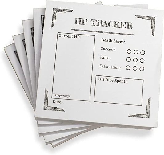 Dungeon D&D Sticky Notes 5 Pack for tabletop games with HP, death saves, exhaustion, and hit dice tracking sections.