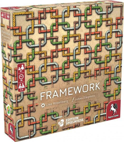 Framework board game box, abstract strategy tile placement game featuring colorful interwoven pipes on cover.