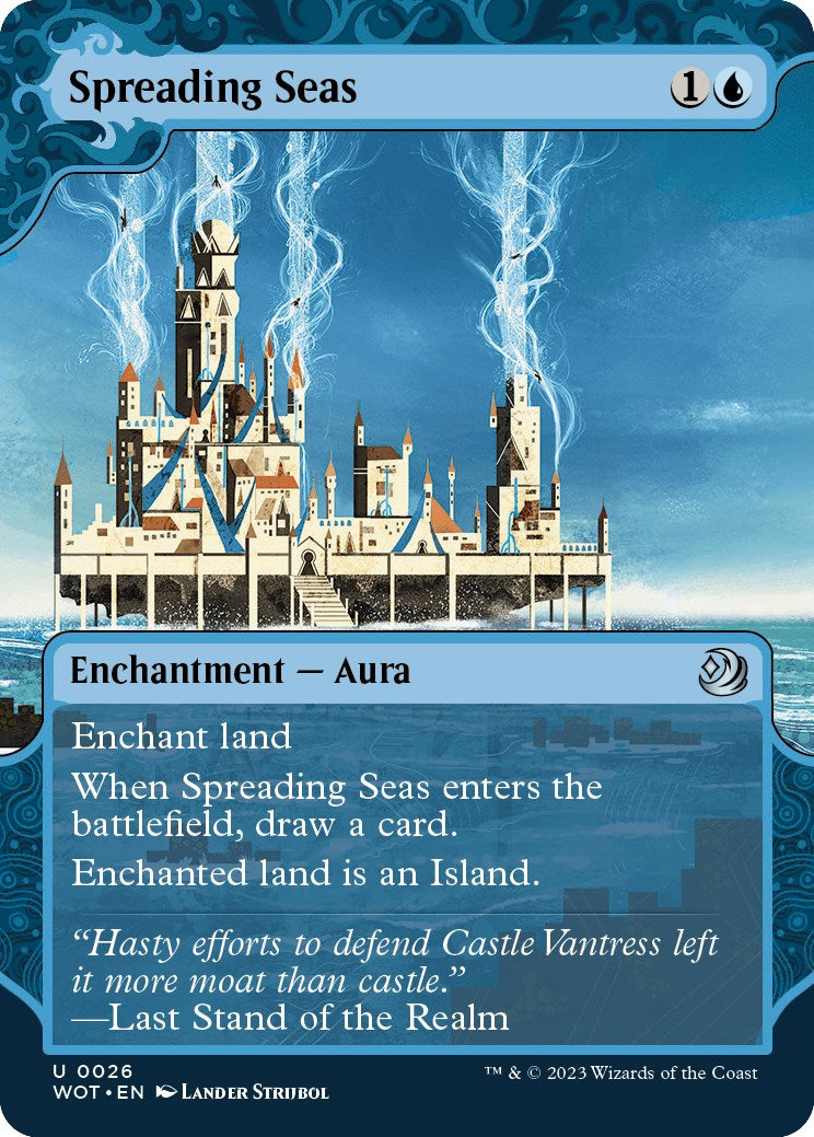 Spreading Seas [WOT - 26] Magic: The Gathering Enchantment Aura card featuring a castle on water under blue lightning.