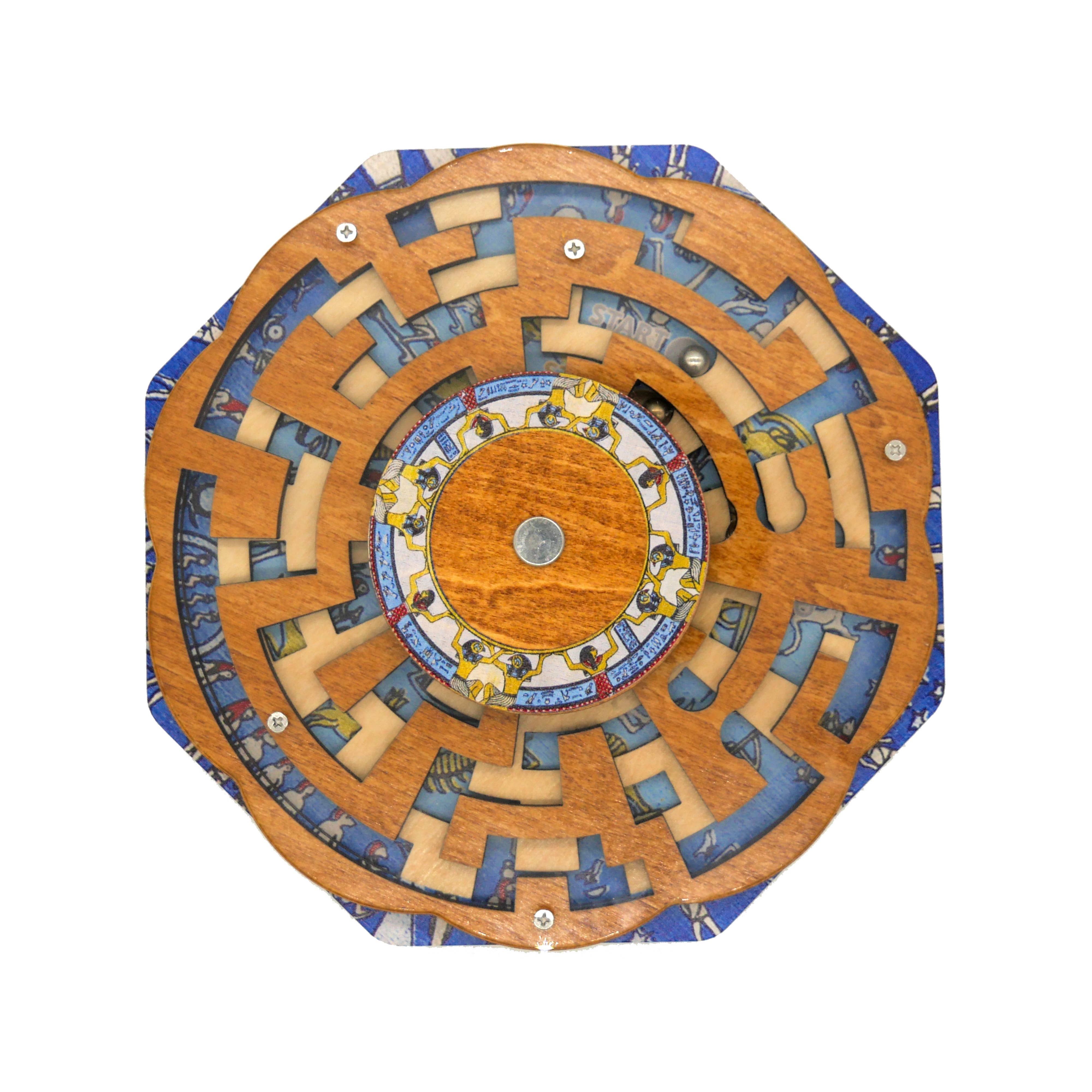 Round wooden True Genius Dendera Shifting Maze puzzle with blue designs and a ball bearing.