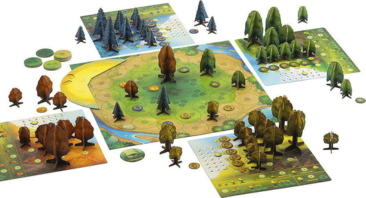 Photosynthesis board game with 3D tree pieces, round tokens, and four player boards around a central colorful board.