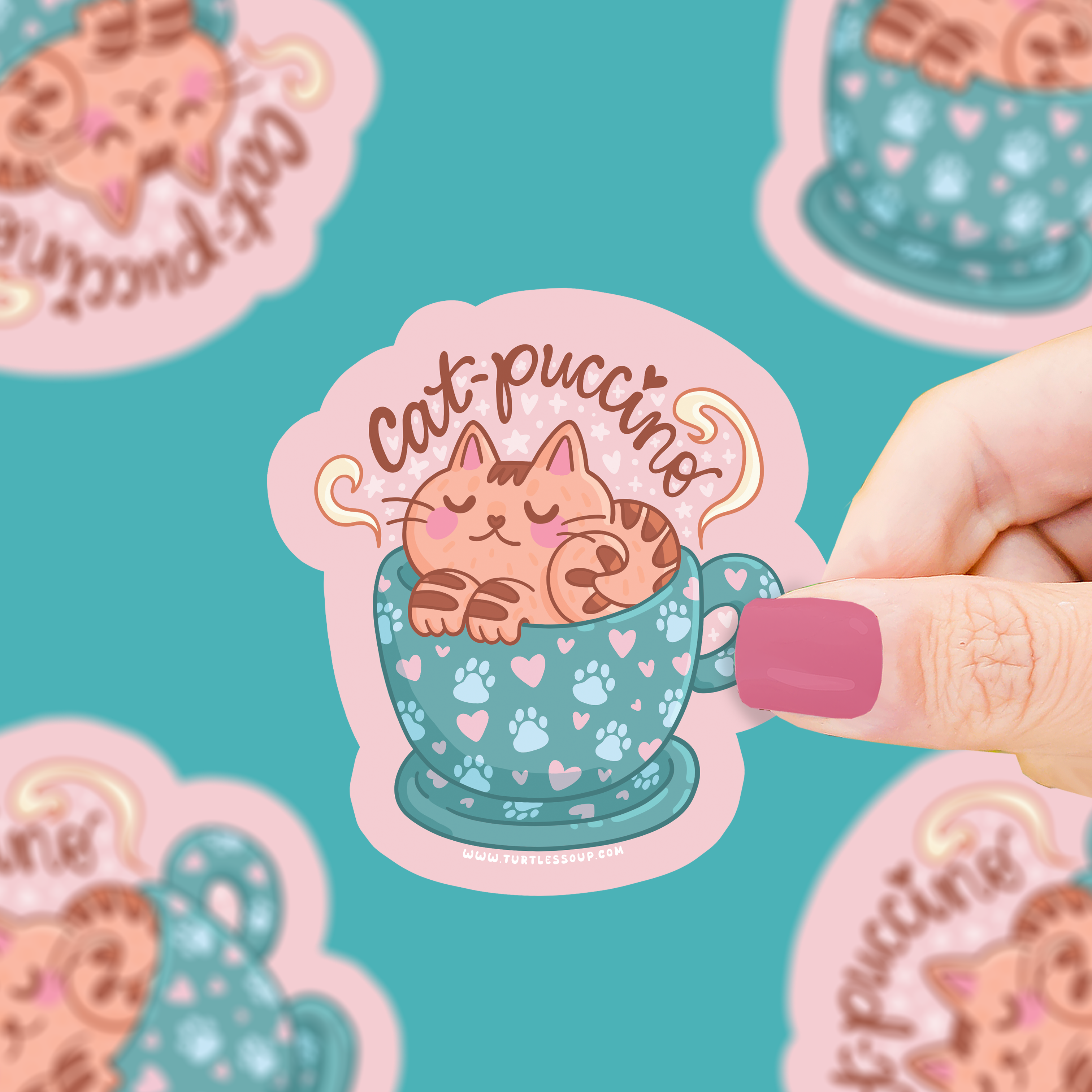 Cat-Puccino vinyl sticker showing a cat in a teal cup with “cat-puccino” text and paw prints.