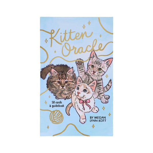 Kitten Oracle deck box with three kittens, blue background, gold text, and shimmering accents.