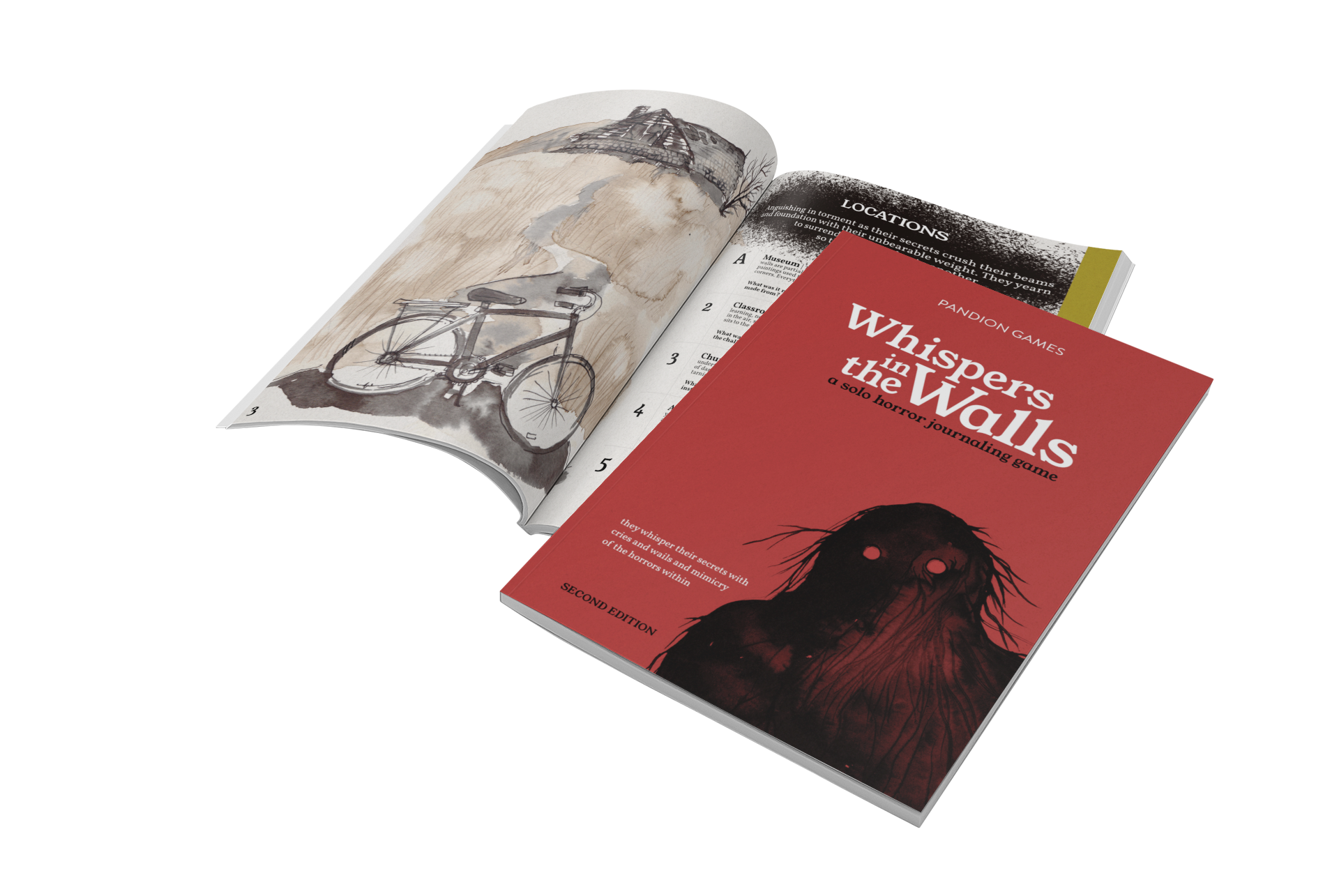 Whispers in the Walls 2e red book, a horror solo RPG, next to an open page showing a bike and mountain.