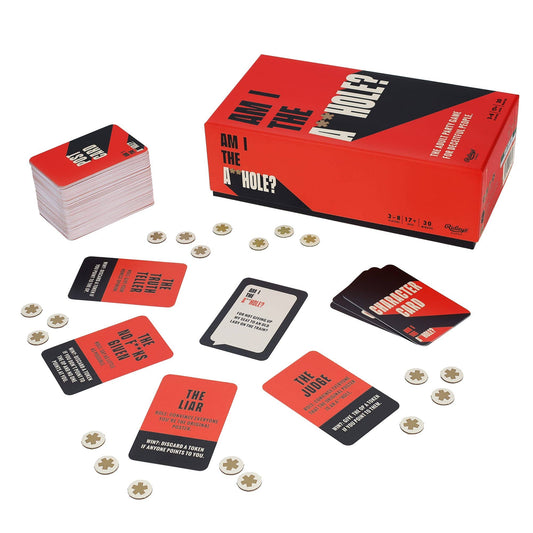 Am I The A**hole? party game with cards and tokens shown beside the box on a white background.