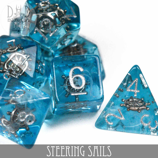 Translucent blue resin DND dice set with silver numbers and ship’s wheel design.