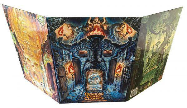 Dungeon Crawl Classics Thick Cardstock Judges Screen displaying fantasy dungeon and warrior-themed artwork.