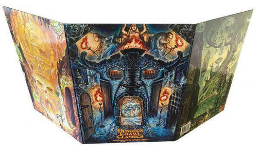 Dungeon Crawl Classics Thick Cardstock Judges Screen displaying fantasy dungeon and warrior-themed artwork.