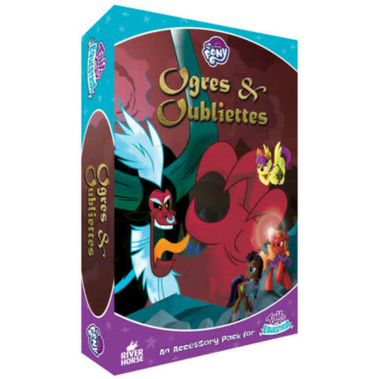 My Little Pony: Tails of Equestria: Ogres & Oubliettes game box with pony figures, standees, and a red villain character.