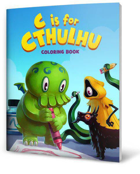 C is for Cthulhu Coloring Book cover featuring cartoon Cthulhu, a yellow creature, and a black cat drawing together.