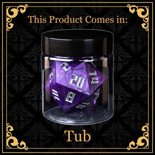 The Reef Giant (Oversize) large purple resin 20-sided die in a clear plastic box, packaged in a tub.