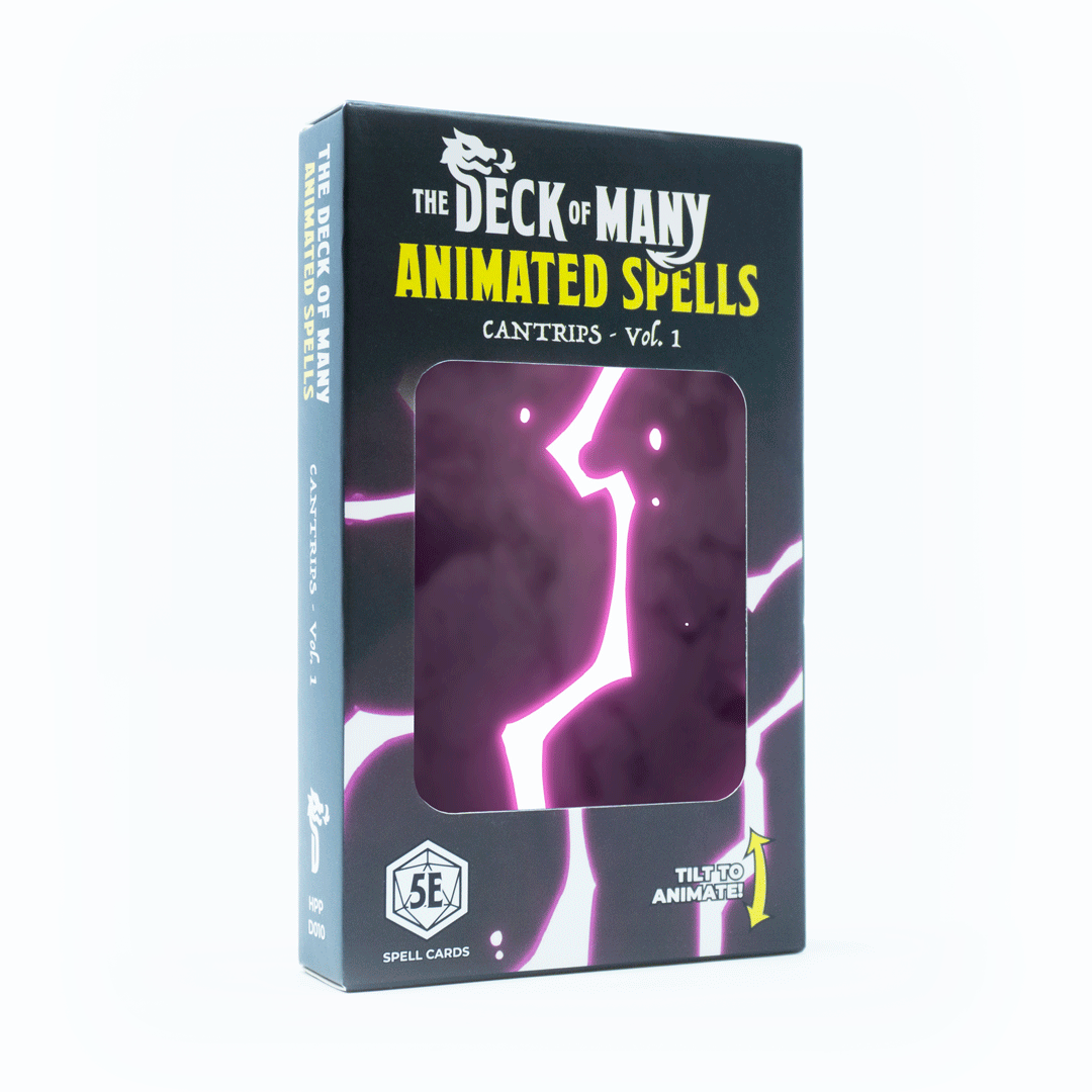 Box of Animated Spells: Cantrips Vol. 1 - 5e 2014 D&D cards with glowing purple spell card visible in window.