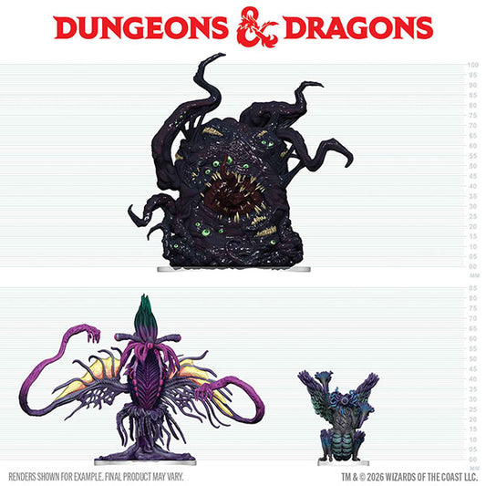 D&D Icons of the Realms: Eldritch Enemies of Ravenloft miniatures at varying scales on a grid.