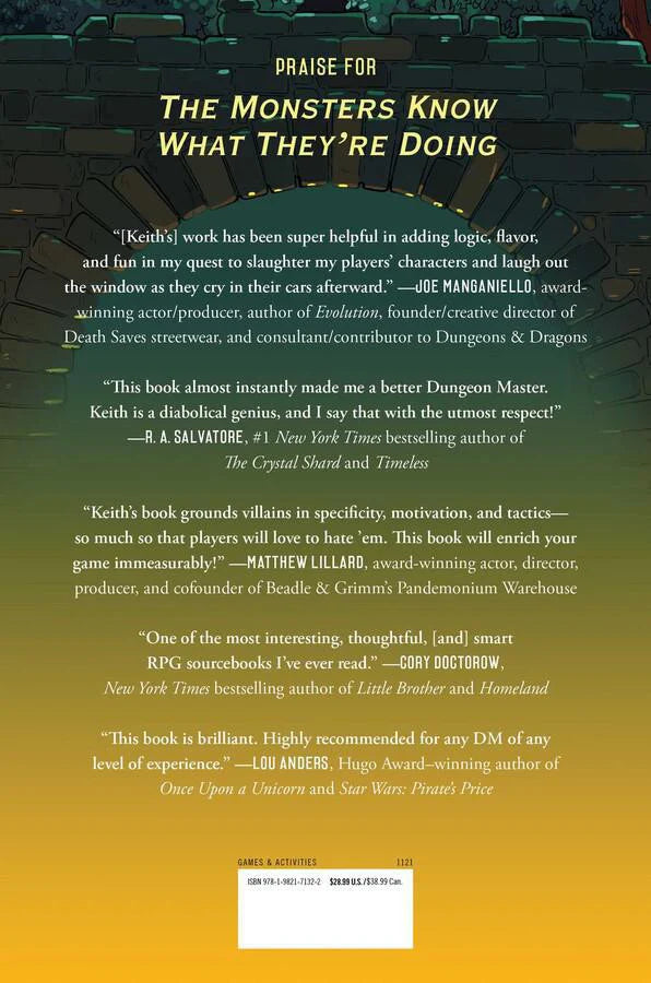 Back cover of MOAR Monsters Know What Theyre Doing features review quotes for D&D Dungeon Masters.