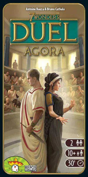 7 Wonders Duel: Agora expansion box displayed in front of two ancient figures standing back-to-back.