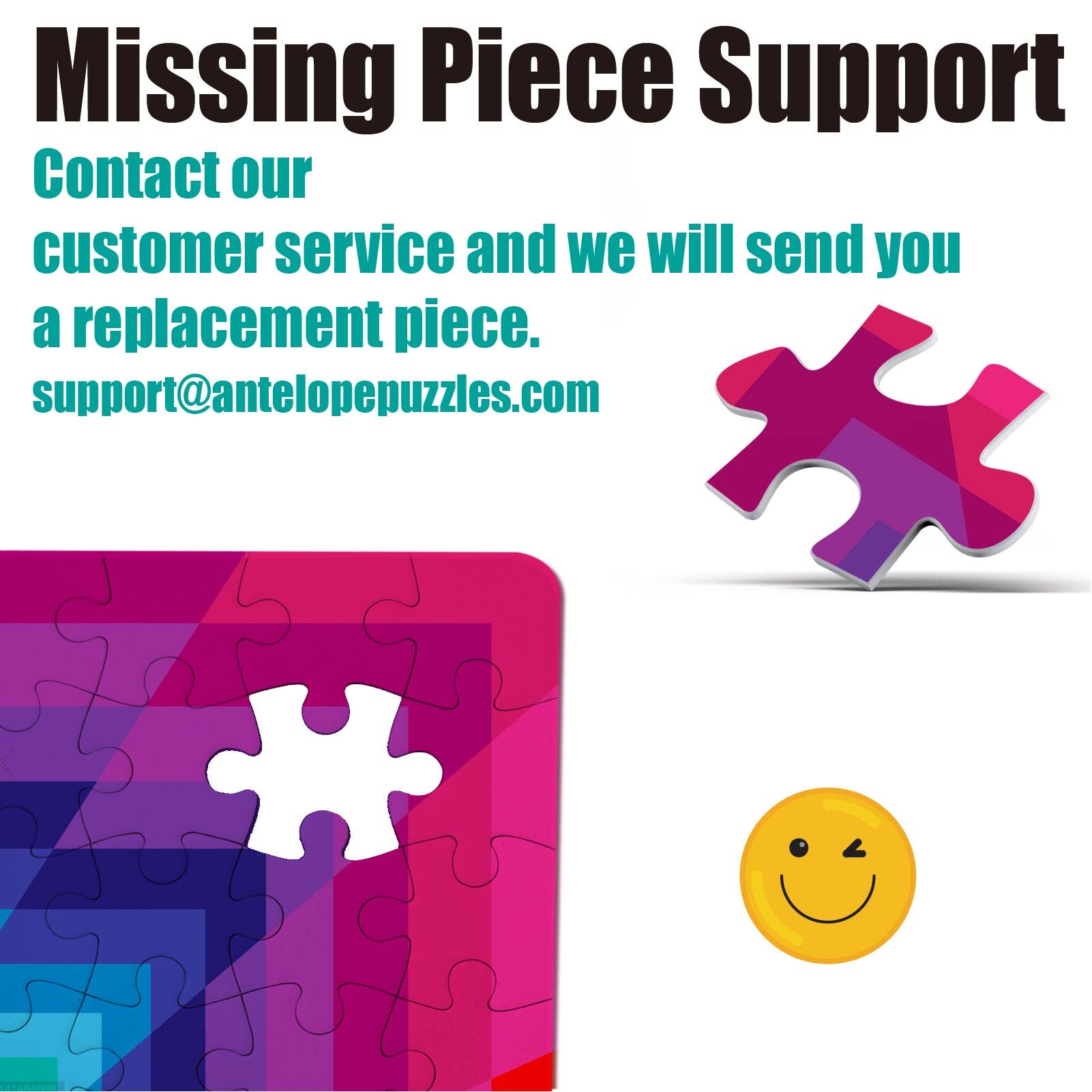Pixel Spiral 1000 Piece Jigsaw Puzzle with one piece missing, support email, and winking smiley face shown.