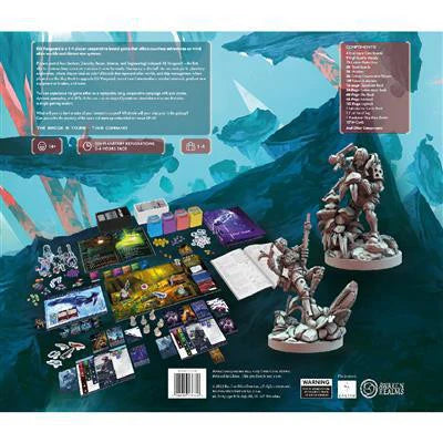 ISS Vanguard box back with displayed components, including cards, tokens, and miniatures.