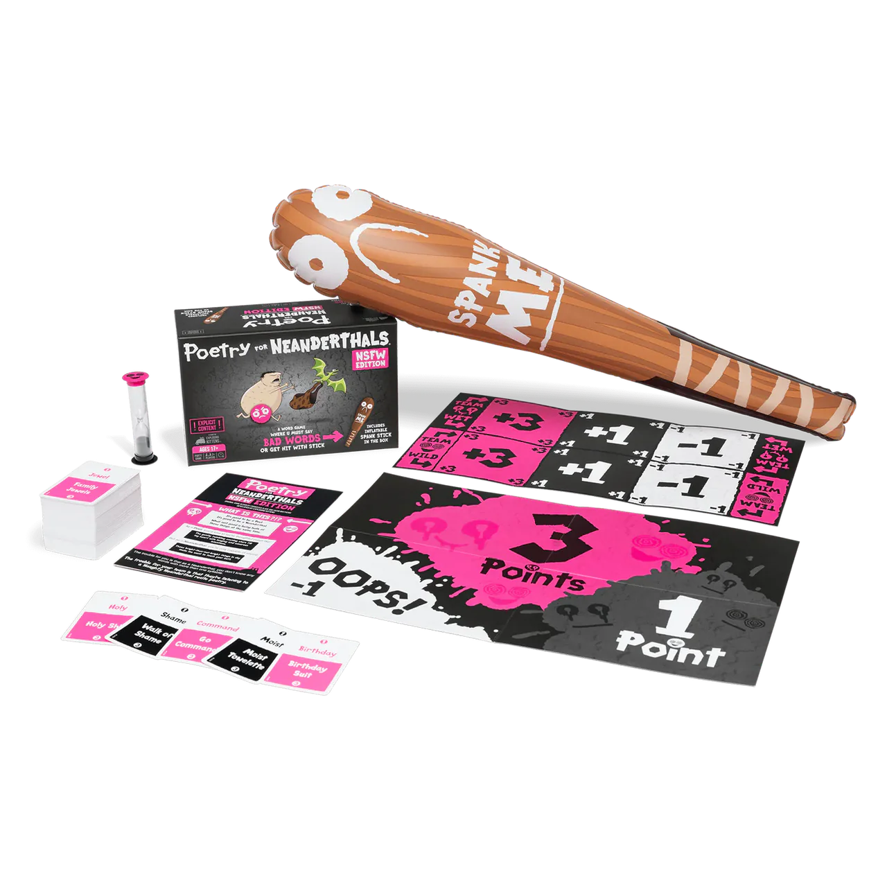 Poetry for Neanderthals NSFW party game with cards, game board, inflatable club, timer, and instructions.