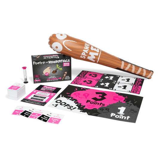 Poetry for Neanderthals NSFW party game with cards, game board, inflatable club, timer, and instructions.