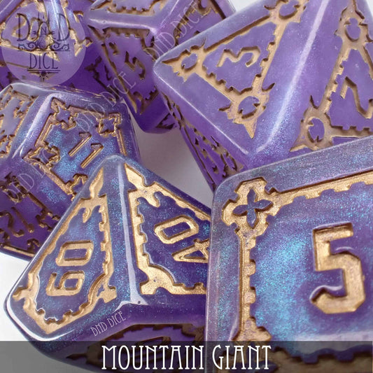 Mountain Giant sparkly purple oversized 7-dice set with gold numbers and designs, made from quality resin.