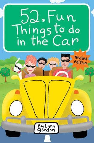 52 Series: Fun Things to Do in the Car travel games set with illustrated family and dog in yellow car.