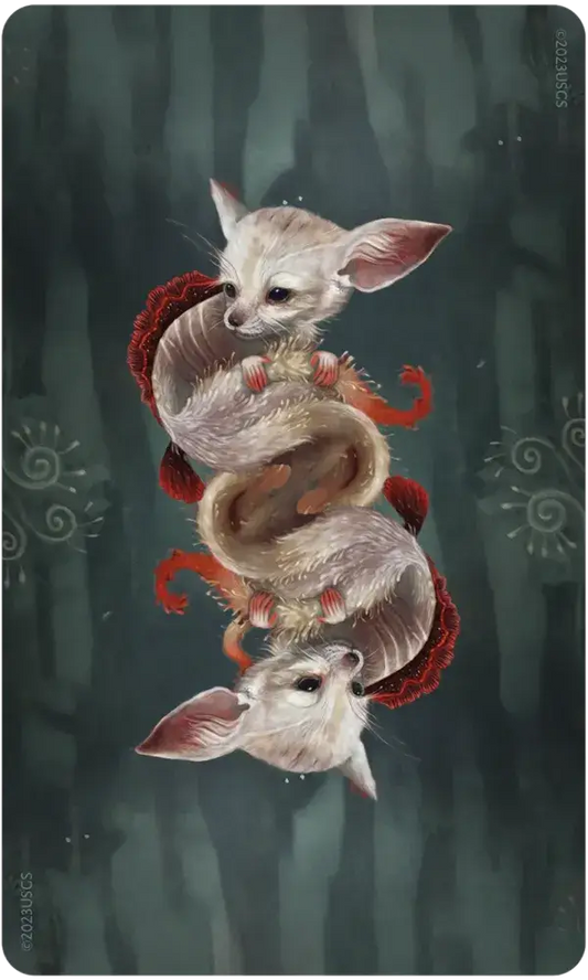 Wisdom of the Wild Things Oracle card featuring a mirrored fennec fox with a red-scaled tail on a dark background.