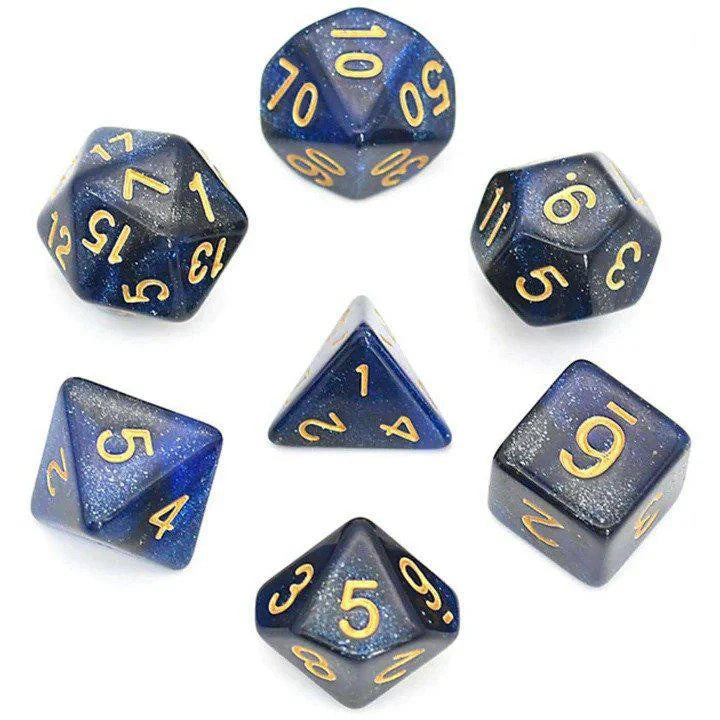 Black & Blue Galaxy RPG Dice Set with seven blue glitter polyhedral dice and gold numbers for D&D.