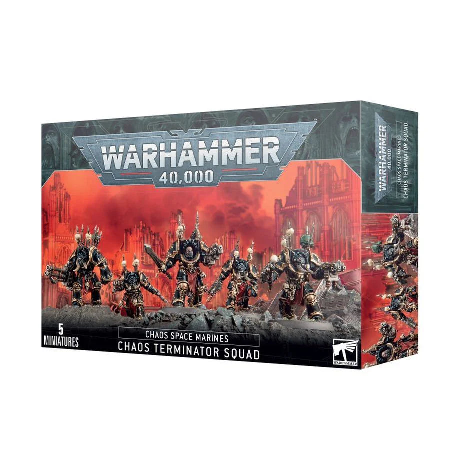 Chaos Space Marines Chaos Terminator Squad Warhammer 40k box with five painted miniatures on the cover.