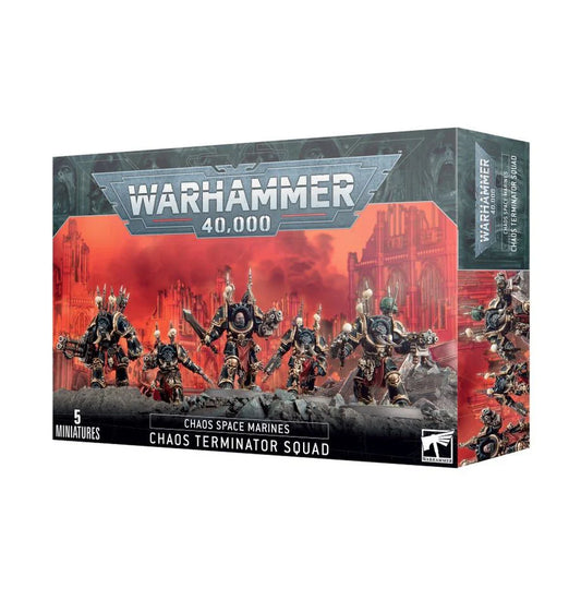 Chaos Space Marines Chaos Terminator Squad Warhammer 40k box with five painted miniatures on the cover.