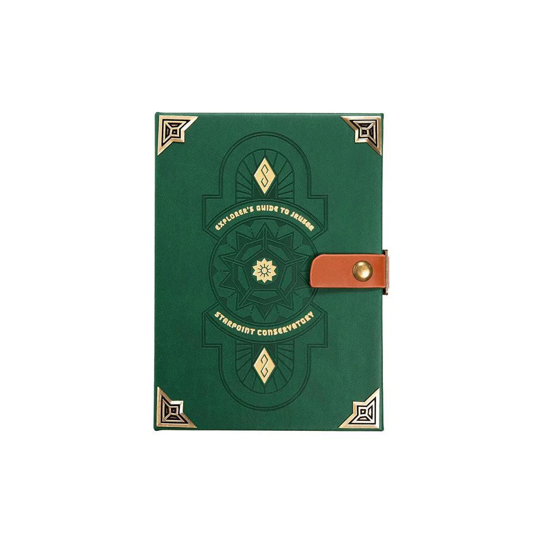 Green hardcover journal with gold accents and a brown clasp, inspired by the Critical Role Dice Tome Rolling Tray.