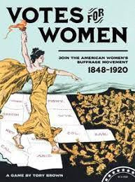 Woman in yellow leads group of women across U.S. map, depicting 1848–1920 suffrage movement.