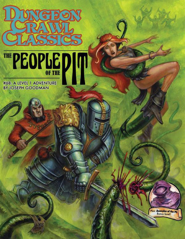 Dungeon Crawl Classic: The People of the Pit cover featuring a knight and woman fighting green tentacles.